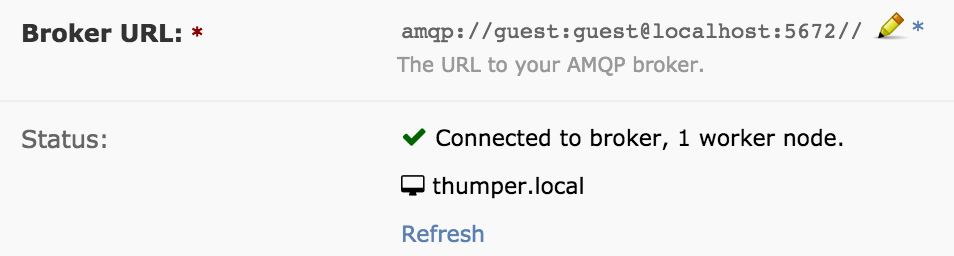 The usage of the pencil instead of a text field in these forms makes it feel a bit alien, compared to other administration forms. This is the only admin form so far that's instant-apply. I see the need, since we want to be able to show the status, but I wonder if we can do this in a slightly different way.

My thought is that instead of using the inline editor here, we can use a standard text field, helping keep this consistent (visually) with other forms. Then, instead of having a Save button in the bottom-right of the form, we just put it next to the text field. While it's in a different location, it's at least the same type of UI as found in other forms, from a user's perpsective. It allows this to stay instant apply while also remaining visually consistent with other forms.

Another option (maybe even better) is to keep the Save button where it's at and have that trigger saving of both the user and the broker URL. The Status information can then appear below the form in its own Workers box. Might even be able to do more with that at some point, showing more than just the name (logs, connection errors, installed tools, etc.).