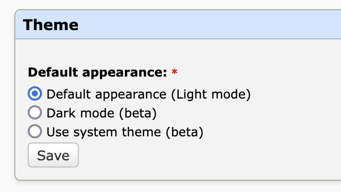 Rather than have a new page for this, I feel like we should rearrange the existing "Settings" page a bit:

Appearance
----------

(o) Default appearance (Light mode)
( ) Dark mode (beta)
( ) Use system theme (beta)

[x] Enable syntax highlighting for the diff viewer


General Settings
----------------

Time Zone

[x] Always open an issue when the comment box opens
[x] Always use markdown for text fields


Notifications
-------------

...